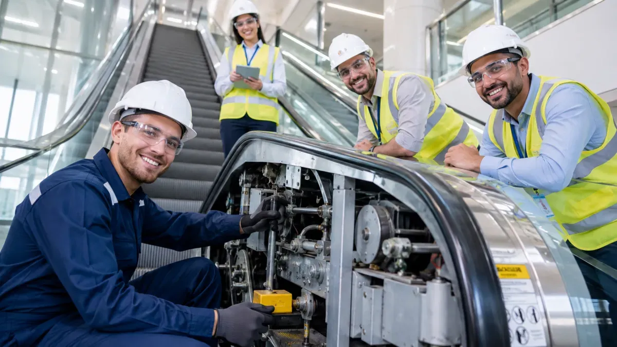 Lift professionals reviewing equipment during LOLER-related technical training