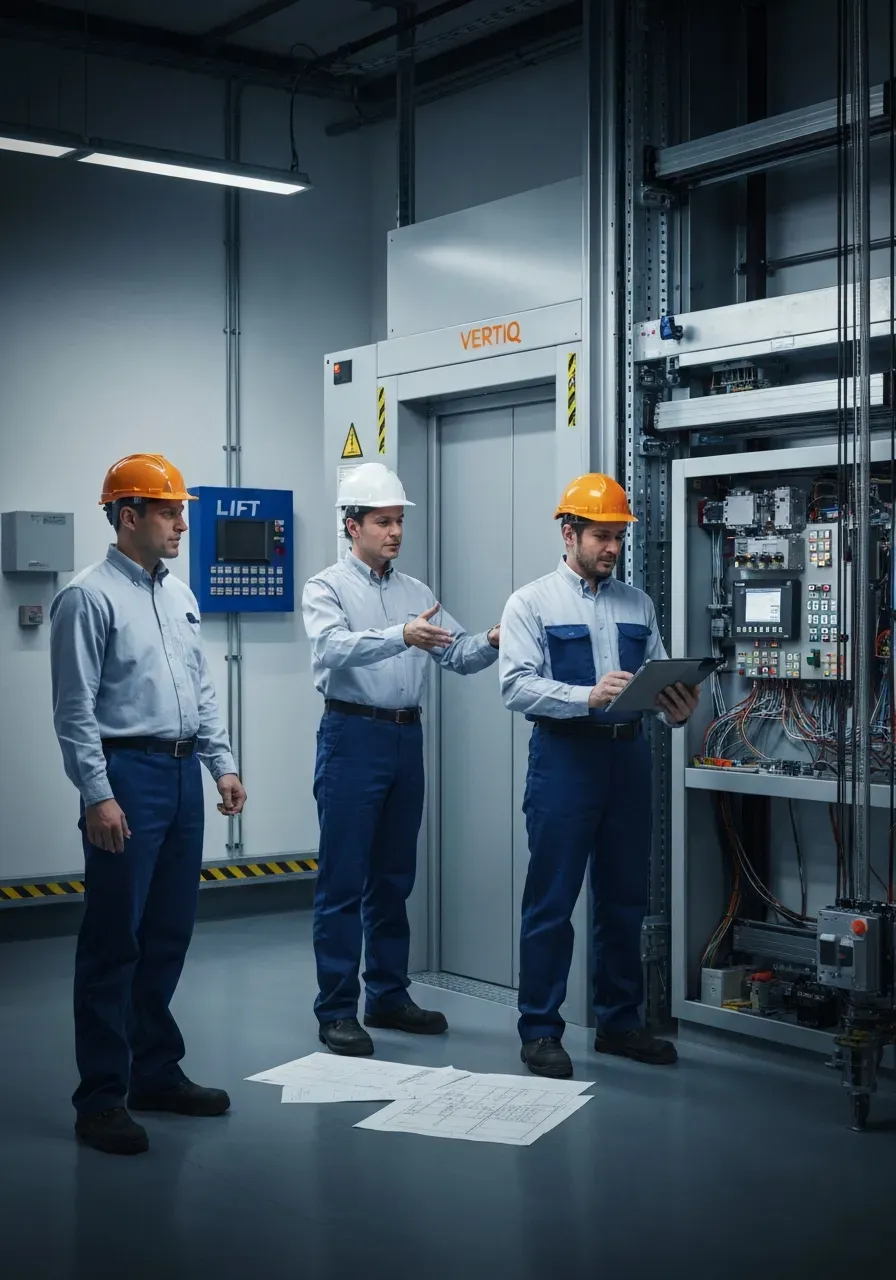 Project manager and engineers reviewing technical lift schematics