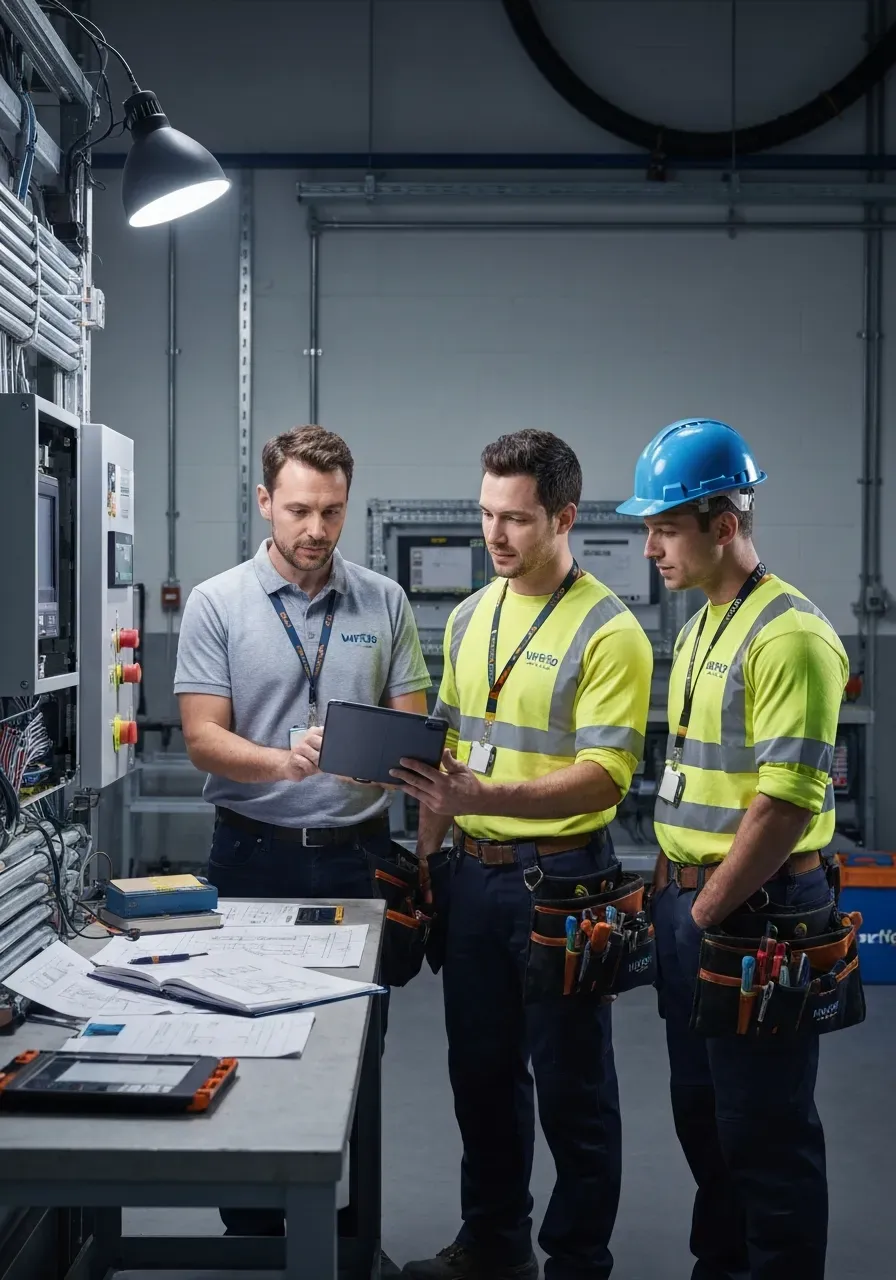 Project managers and engineers reviewing technical lift schematics